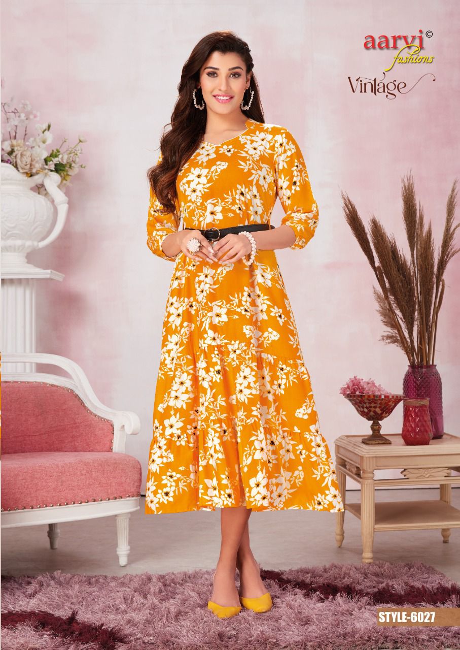 Aarvi Vintage 1 Fancy Party Wear Rayon Printed Designer Kurti Collection